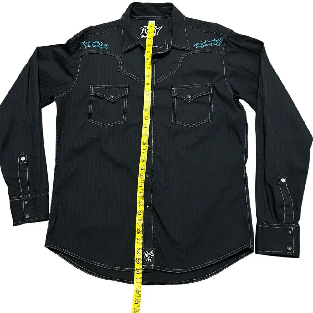 Rock 47 Wrangler Western Snap Button Shirt Men's Large Black Blue Cotton